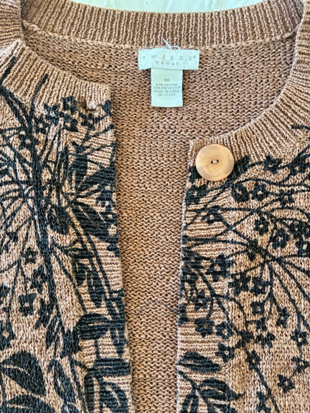 Vintage Tweed  Floral Print Button-Front Women’s Sweater - Brown 1X - Picture 4 of 6